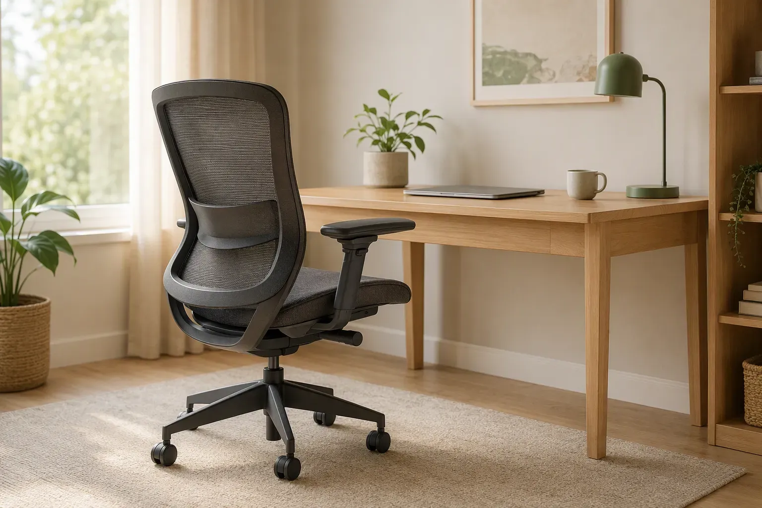 Cadeira de escritório ergonômica com encosto de tela em um home office claro