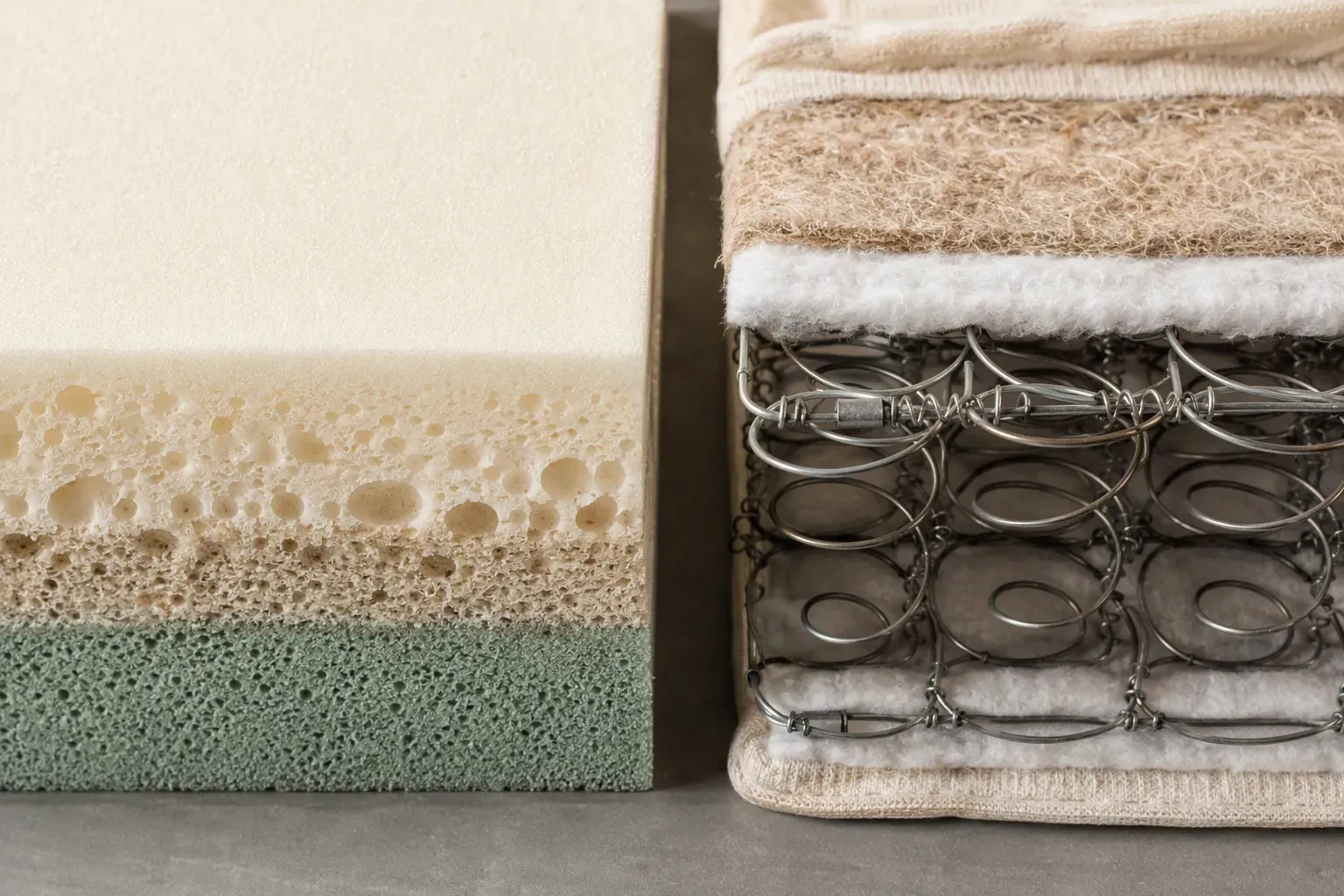 Comparação visual entre dois tipos de material de colchão: espuma e molas, dispostos lado a lado em superfície neutra