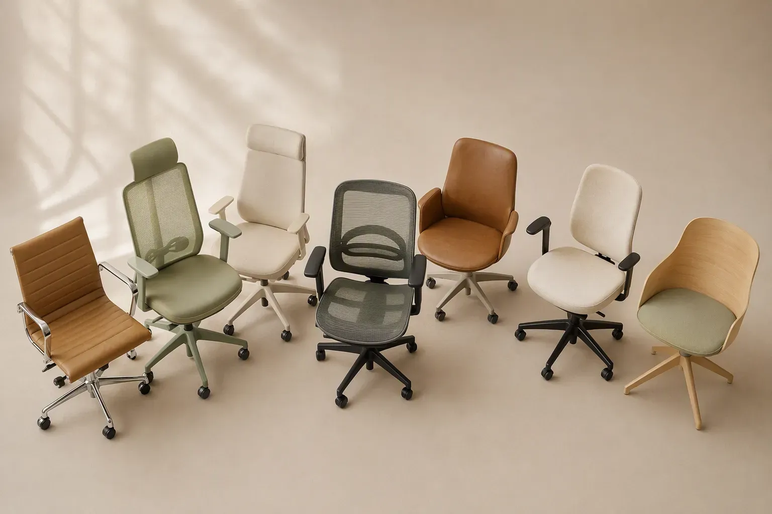 Diferentes tipos de cadeiras de escritório dispostas lado a lado em estúdio, mostrando variedade de designs e materiais.